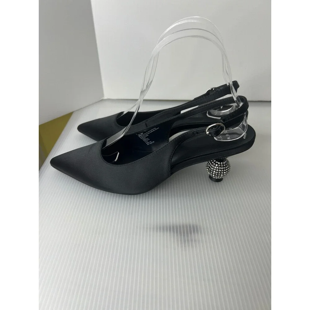 A New Day Womens Black Satin Slingback Rhinestone Ball Heel Pumps Size 6 NEW‎